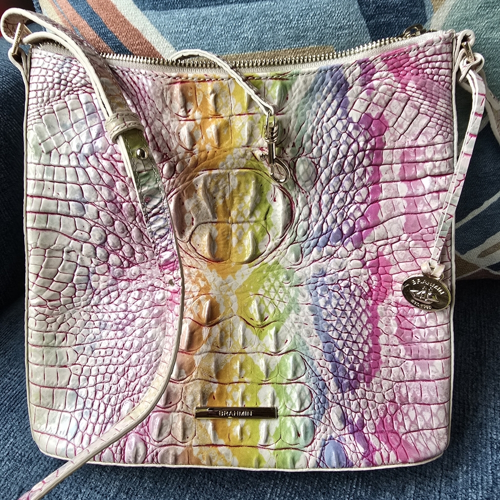 Brahmin Pink and Purple Crossbody Bag with Croc-Embossed Texture